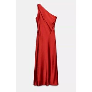NWT Zara Asymmetric Satin Effect Midi Dress Red 9178/399 Size Small One Shoulder